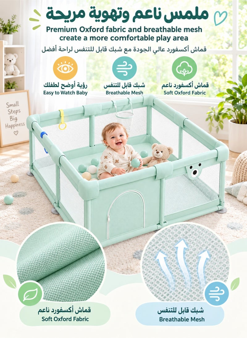 واميت حظيرة لعب للأطفال، حظيرة لعب واقية للأطفال، مركز أنشطة آمن للأطفال مع شبكة قابلة للتهوية وباب بسحاب، قاعدة شفط مضادة للانزلاق، حظيرة لعب إسفنجية ممتصة للأطفال للاستخدام الداخلي والخارجي (أخضر، 180 × 200 سم) - Image 5