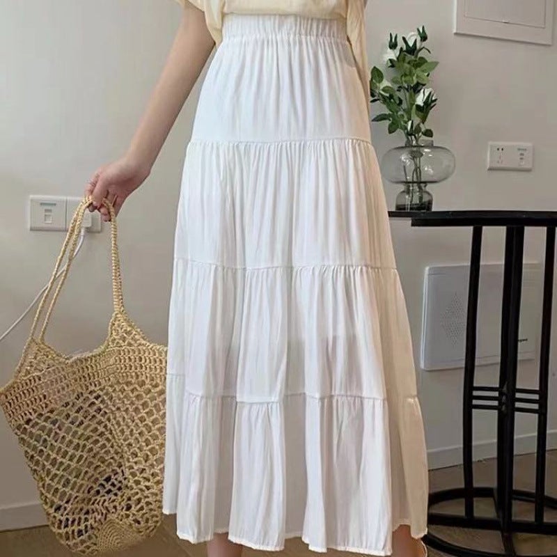 White Mid-Length Skirt For Women, New Summer Cake Skirt, High-Waisted Design, Niche Long Skirt, Large Hem A-Line Skirt - Image 1