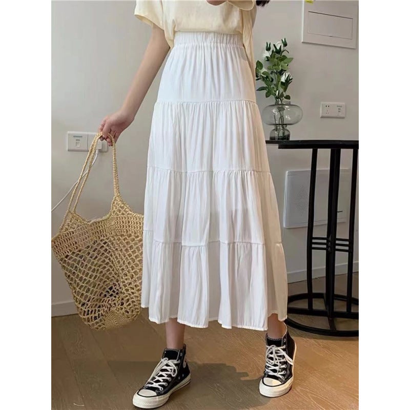 White Mid-Length Skirt For Women, New Summer Cake Skirt, High-Waisted Design, Niche Long Skirt, Large Hem A-Line Skirt - Image 2