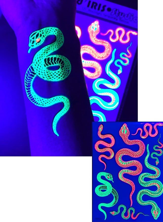 d'IRIS studio Temporary UV Reactive Tattoos – 1 Sheet Snake Design Body Paint Art Blacklight Festival Accessories Glow in the Dark Party Supplies | 7.2” x 5.2” Temp Great for EDM EDC Party Rave Parties - Image 1
