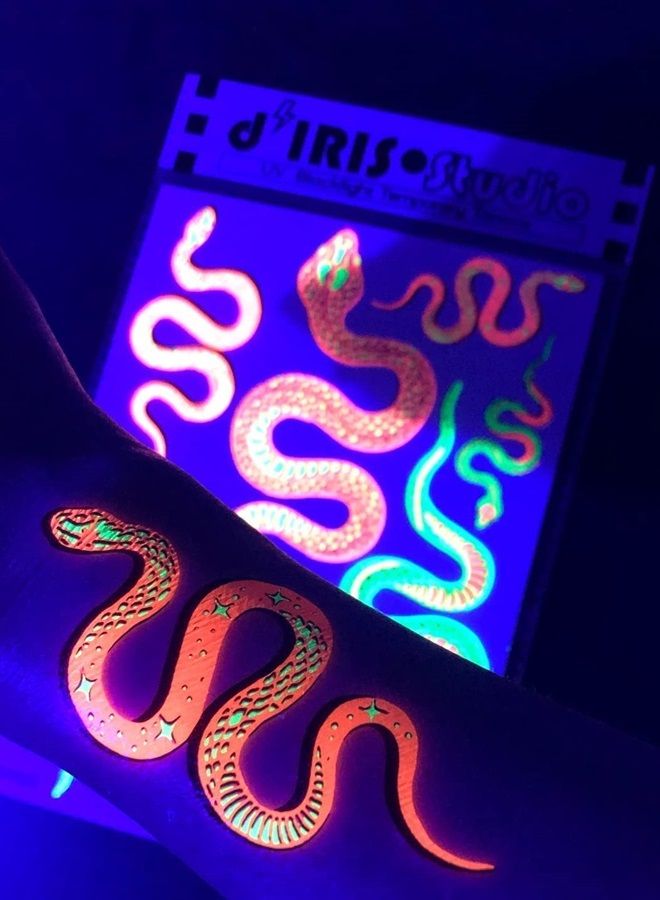 d'IRIS studio Temporary UV Reactive Tattoos – 1 Sheet Snake Design Body Paint Art Blacklight Festival Accessories Glow in the Dark Party Supplies | 7.2” x 5.2” Temp Great for EDM EDC Party Rave Parties - Image 4