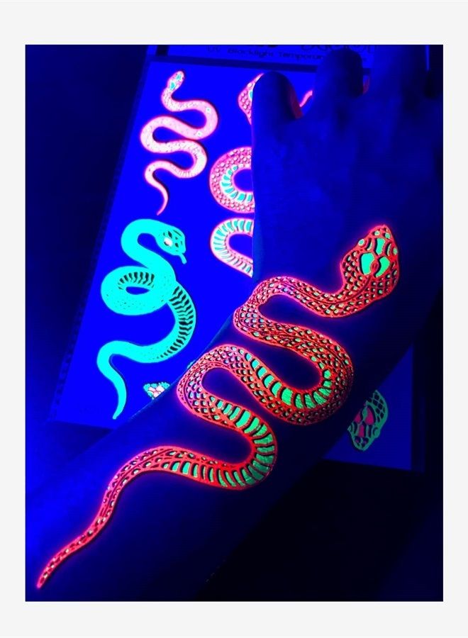 d'IRIS studio Temporary UV Reactive Tattoos – 1 Sheet Snake Design Body Paint Art Blacklight Festival Accessories Glow in the Dark Party Supplies | 7.2” x 5.2” Temp Great for EDM EDC Party Rave Parties - Image 3