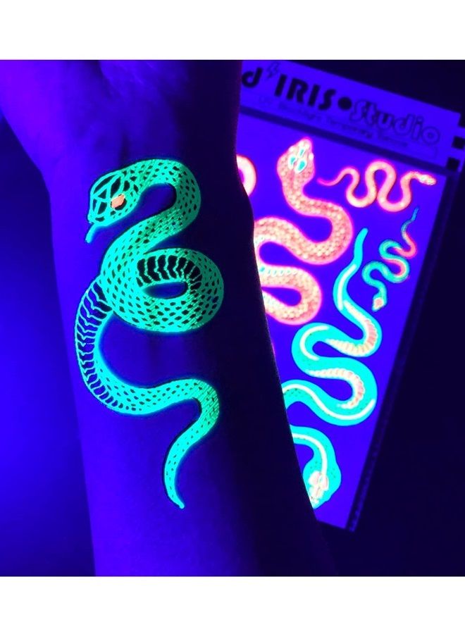d'IRIS studio Temporary UV Reactive Tattoos – 1 Sheet Snake Design Body Paint Art Blacklight Festival Accessories Glow in the Dark Party Supplies | 7.2” x 5.2” Temp Great for EDM EDC Party Rave Parties - Image 5