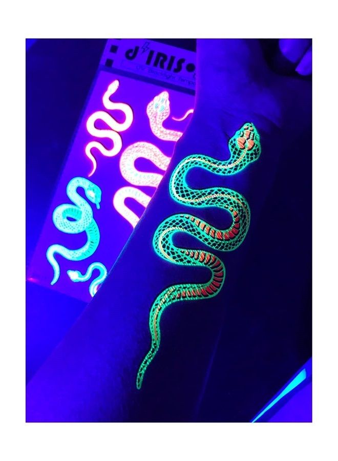 d'IRIS studio Temporary UV Reactive Tattoos – 1 Sheet Snake Design Body Paint Art Blacklight Festival Accessories Glow in the Dark Party Supplies | 7.2” x 5.2” Temp Great for EDM EDC Party Rave Parties - Image 2