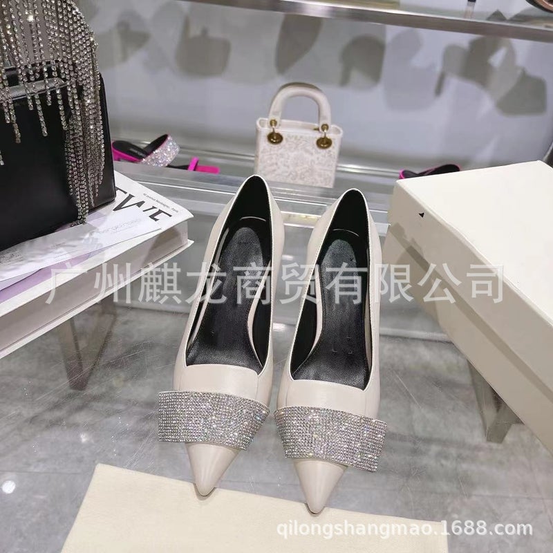 High-End Quality Leather Pointed Toe Shallow Mouth Rhinestone Elegant High Heels Stiletto Heel Fashionable Single-Layer Shoes Small Leather Shoes - Image 1