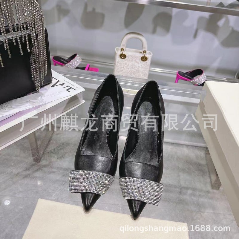 High-End Quality Leather Pointed Toe Shallow Mouth Rhinestone Elegant High Heels Stiletto Heel Fashionable Single-Layer Shoes Small Leather Shoes - Image 3