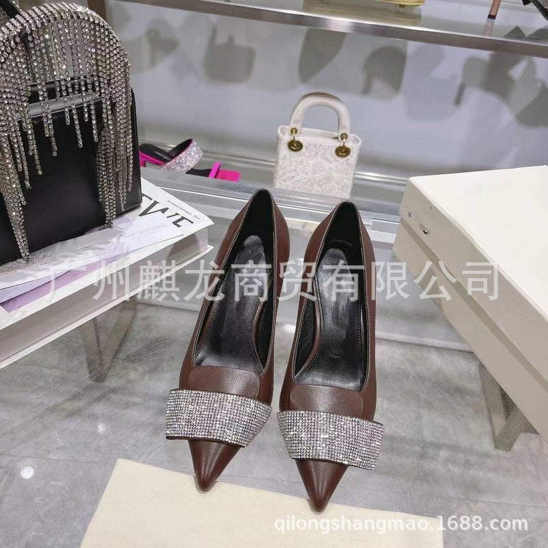 High-End Quality Leather Pointed Toe Shallow Mouth Rhinestone Elegant High Heels Stiletto Heel Fashionable Single-Layer Shoes Small Leather Shoes - Image 5