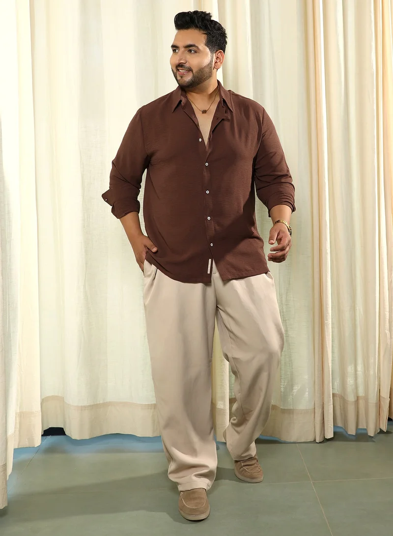 Instafab Plus  Instafab Plus Men's Chocolate Brown Breezy Wrinked Shirt For Casual Wear | Spread Collar | Long Cuffed Sleeves | Button Closure | Plus Size Shirt Crafted With Comfort Fit For Everyday Wear for Men | Best Price UAE