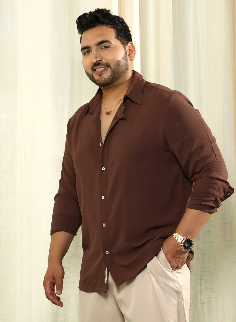 Instafab Plus  Instafab Plus Men's Chocolate Brown Breezy Wrinked Shirt For Casual Wear | Spread Collar | Long Cuffed Sleeves | Button Closure | Plus Size Shirt Crafted With Comfort Fit For Everyday Wear for Men | Best Price UAE