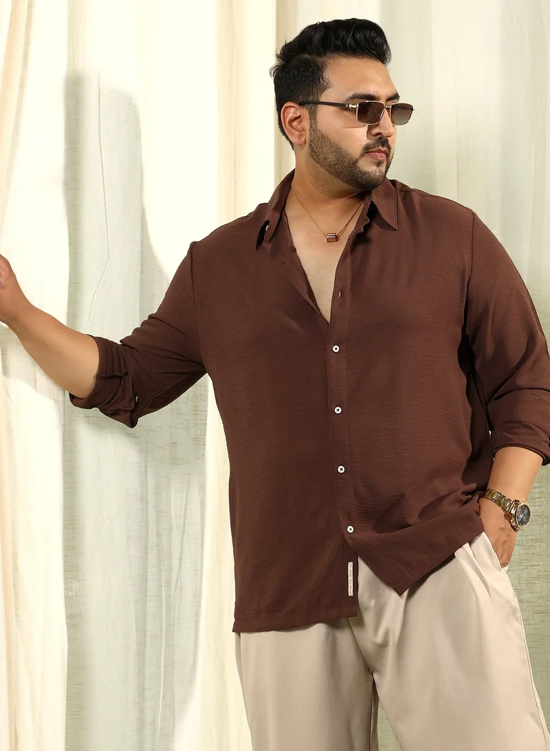 Instafab Plus Instafab Plus Men's Chocolate Brown Breezy Wrinked Shirt For Casual Wear | Spread Collar | Long Cuffed Sleeves | Button Closure | Plus Size Shirt Crafted With Comfort Fit For Everyday Wear