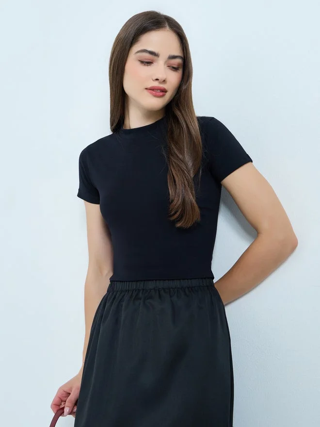 Styli Styli Black Cotton Stretch Fitted T-Shirt