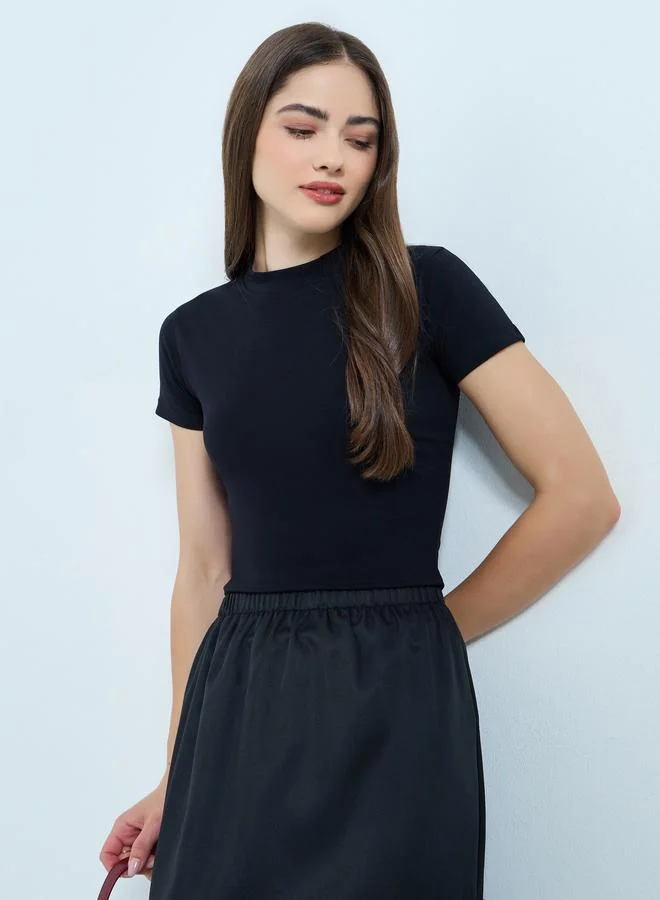 Styli Styli Black Cotton Stretch Fitted T-Shirt