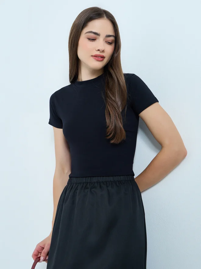 Styli Styli Black Cotton Stretch Fitted T-Shirt