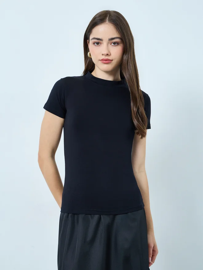 Styli  Styli Black Cotton Stretch Fitted T-Shirt for Women | Best Price UAE