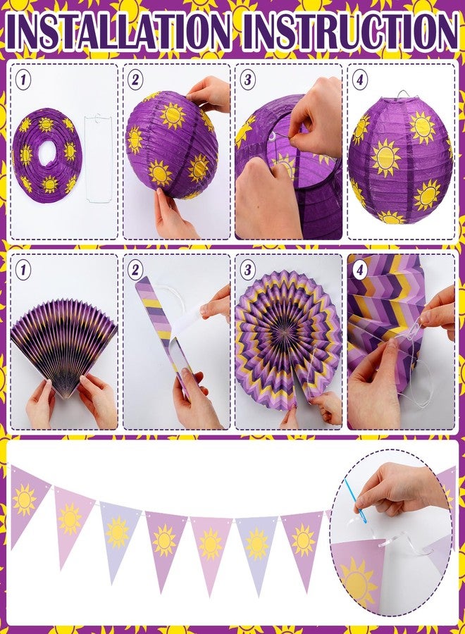 LemonSecret 17 Pcs Purple Sun Party Decorations Purple Sun Flag Banner Bunting Garland Hanging Paper Lanterns Paper Fans for Birthday Wedding Baby Shower Party Lavender Photo Props - Image 4