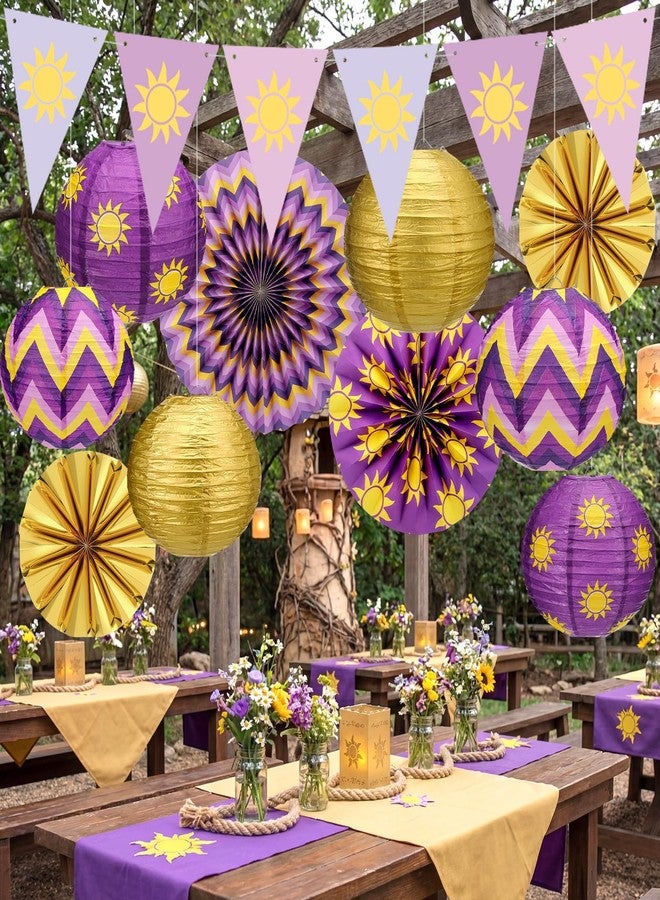 LemonSecret 17 Pcs Purple Sun Party Decorations Purple Sun Flag Banner Bunting Garland Hanging Paper Lanterns Paper Fans for Birthday Wedding Baby Shower Party Lavender Photo Props - Image 5