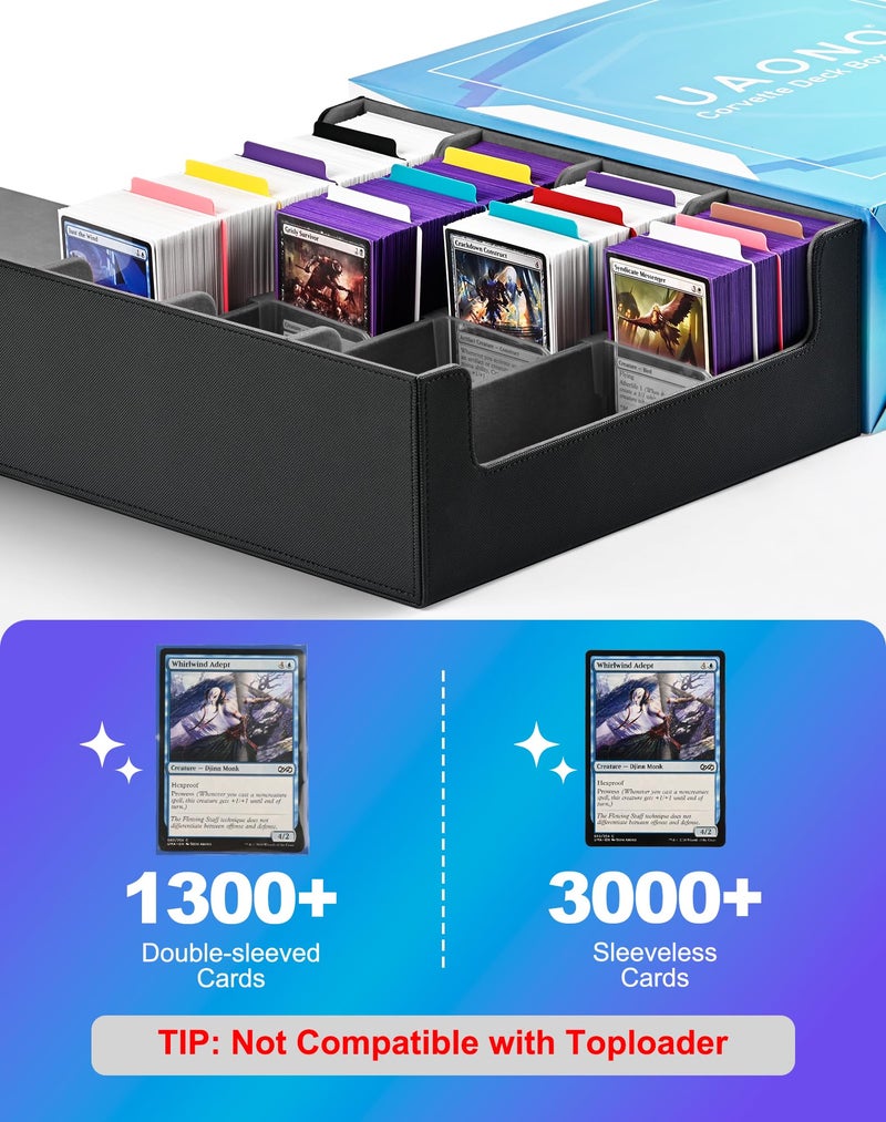 UAONO Trading Card Storage Box, Holds 2400 Sleeved Cards with 24 Dividers & 4 Stoppers, Magnetic Closure PU Leather Card Case for MTG, PTCG, YGO, Sports Cards (Black&Gray) - Image 4