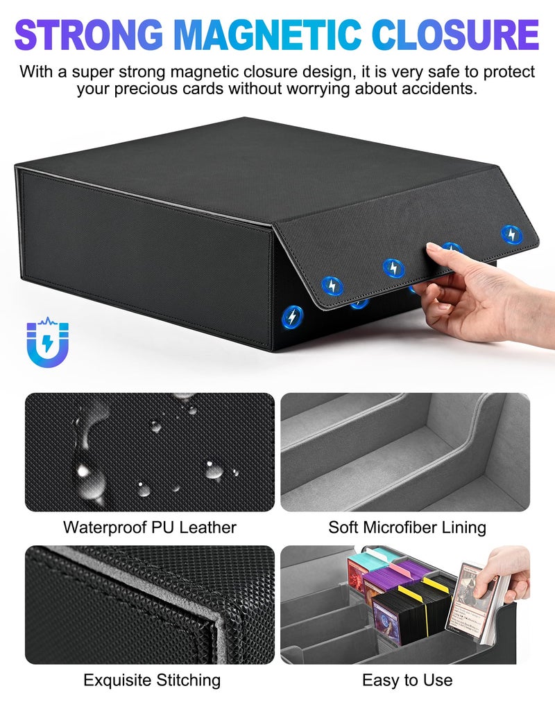 UAONO Trading Card Storage Box, Holds 2400 Sleeved Cards with 24 Dividers & 4 Stoppers, Magnetic Closure PU Leather Card Case for MTG, PTCG, YGO, Sports Cards (Black&Gray) - Image 3