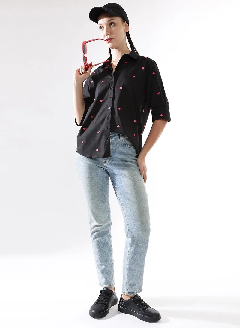 Hubberholme Women Comfort Heart Shape Oversized Embroidered Casual Shirt