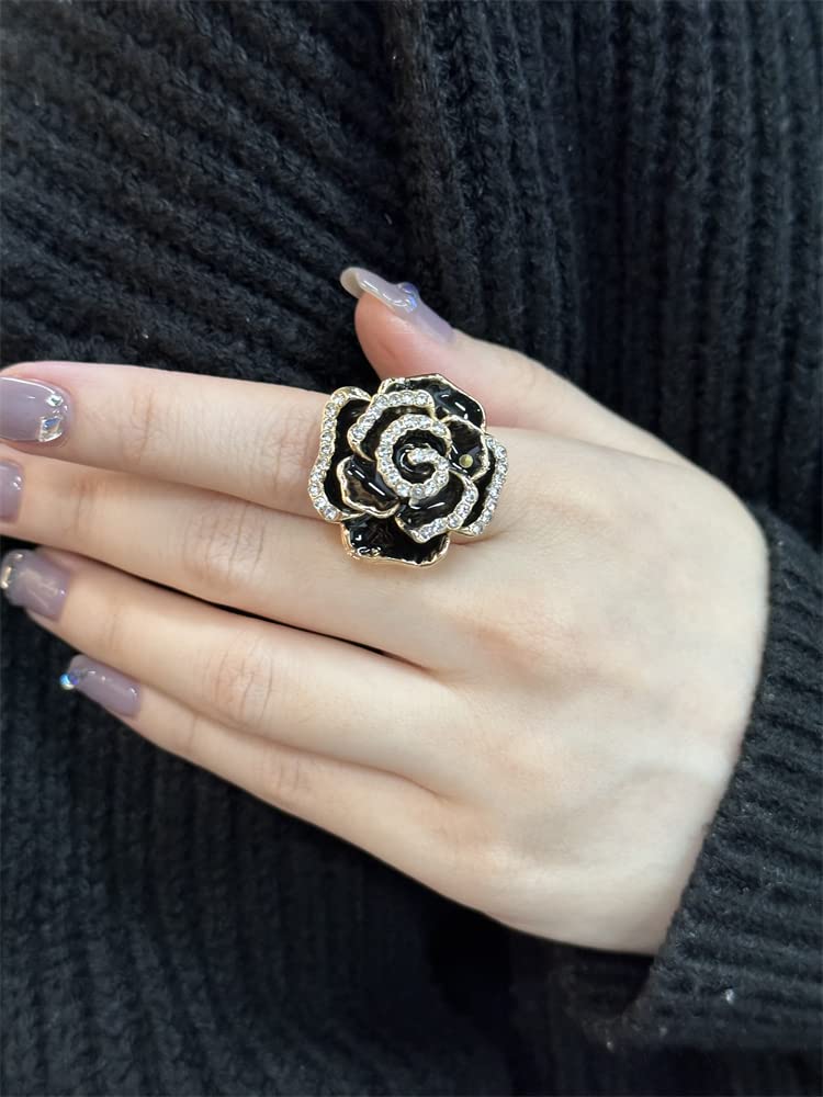 Dtja CZ Rose Flower Promise Ring for Women Statement Diamond Crystal 3D Enamel Flowers Adjustable Open Wrap Finger Rings Comfort Fit Vintage Elegant Wedding Christmas Valentine Jewelry Gift (Black) - Image 4