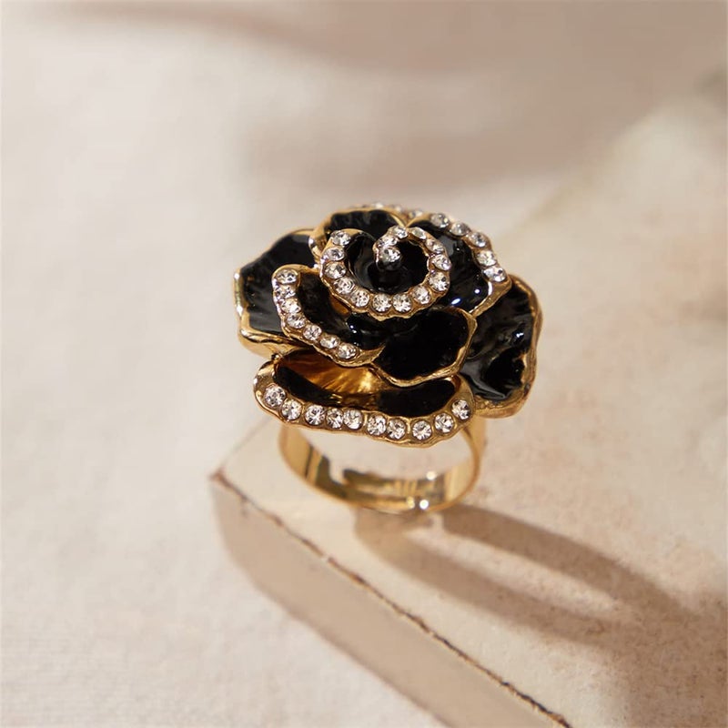 Dtja CZ Rose Flower Promise Ring for Women Statement Diamond Crystal 3D Enamel Flowers Adjustable Open Wrap Finger Rings Comfort Fit Vintage Elegant Wedding Christmas Valentine Jewelry Gift (Black) - Image 5
