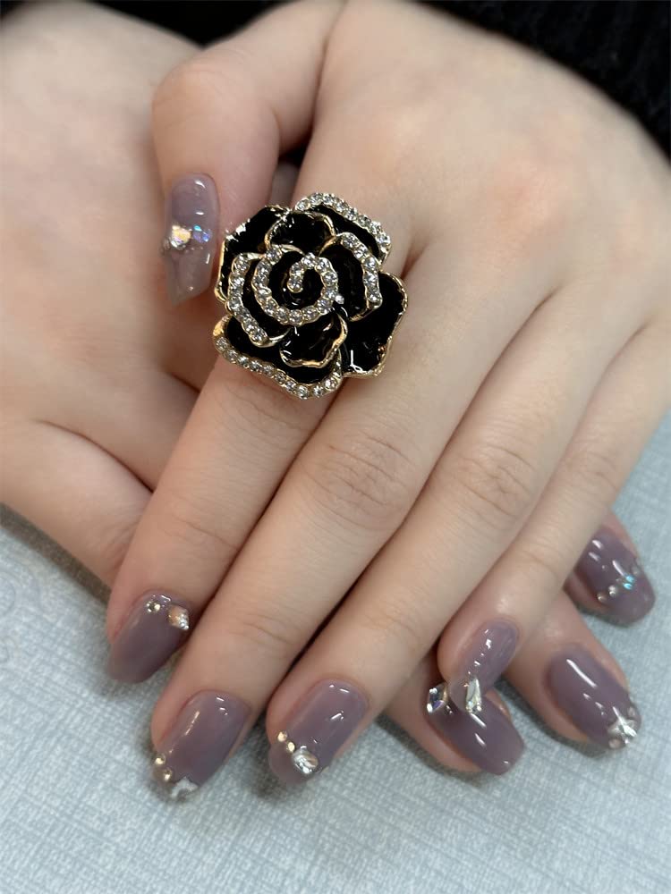 Dtja CZ Rose Flower Promise Ring for Women Statement Diamond Crystal 3D Enamel Flowers Adjustable Open Wrap Finger Rings Comfort Fit Vintage Elegant Wedding Christmas Valentine Jewelry Gift (Black) - Image 2