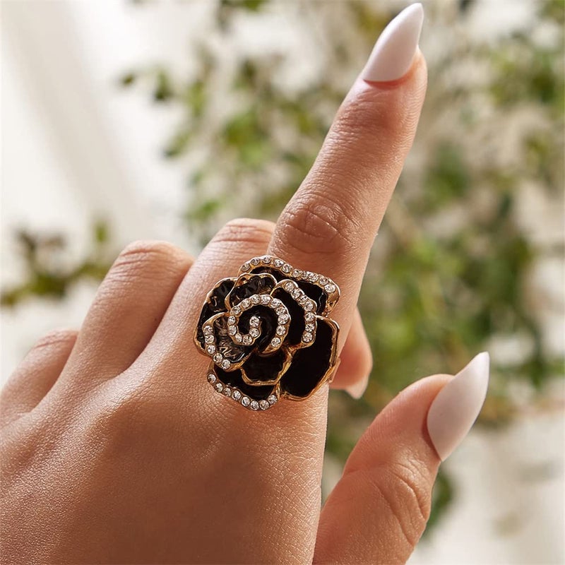 Dtja CZ Rose Flower Promise Ring for Women Statement Diamond Crystal 3D Enamel Flowers Adjustable Open Wrap Finger Rings Comfort Fit Vintage Elegant Wedding Christmas Valentine Jewelry Gift (Black) - Image 3