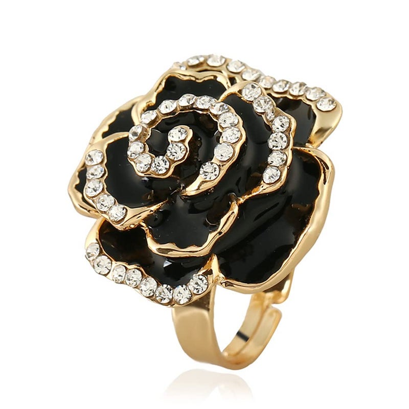Dtja CZ Rose Flower Promise Ring for Women Statement Diamond Crystal 3D Enamel Flowers Adjustable Open Wrap Finger Rings Comfort Fit Vintage Elegant Wedding Christmas Valentine Jewelry Gift (Black) - Image 1
