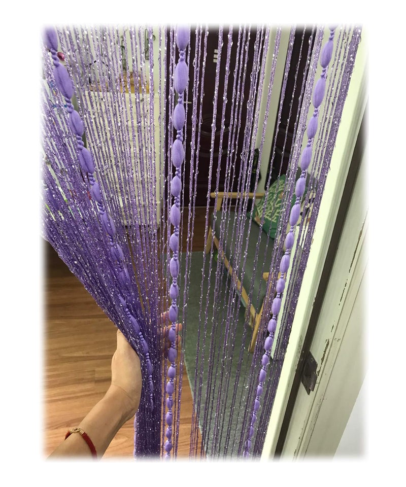 Eyotool Door String Curtain Flat Silver Ribbon Thread with Shaggy Tassel Room Divider, 39’’x79’’ (Purple-style2) - Image 1
