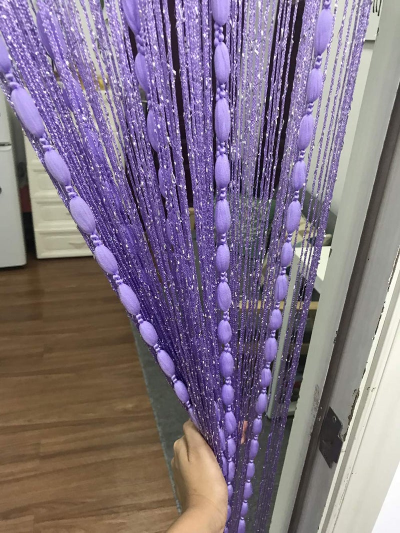 Eyotool Door String Curtain Flat Silver Ribbon Thread with Shaggy Tassel Room Divider, 39’’x79’’ (Purple-style2) - Image 2
