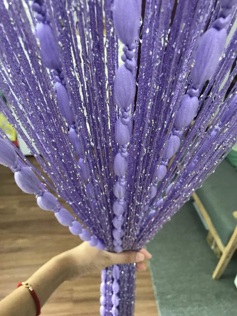 Eyotool Door String Curtain Flat Silver Ribbon Thread with Shaggy Tassel Room Divider, 39’’x79’’ (Purple-style2) - Image 3