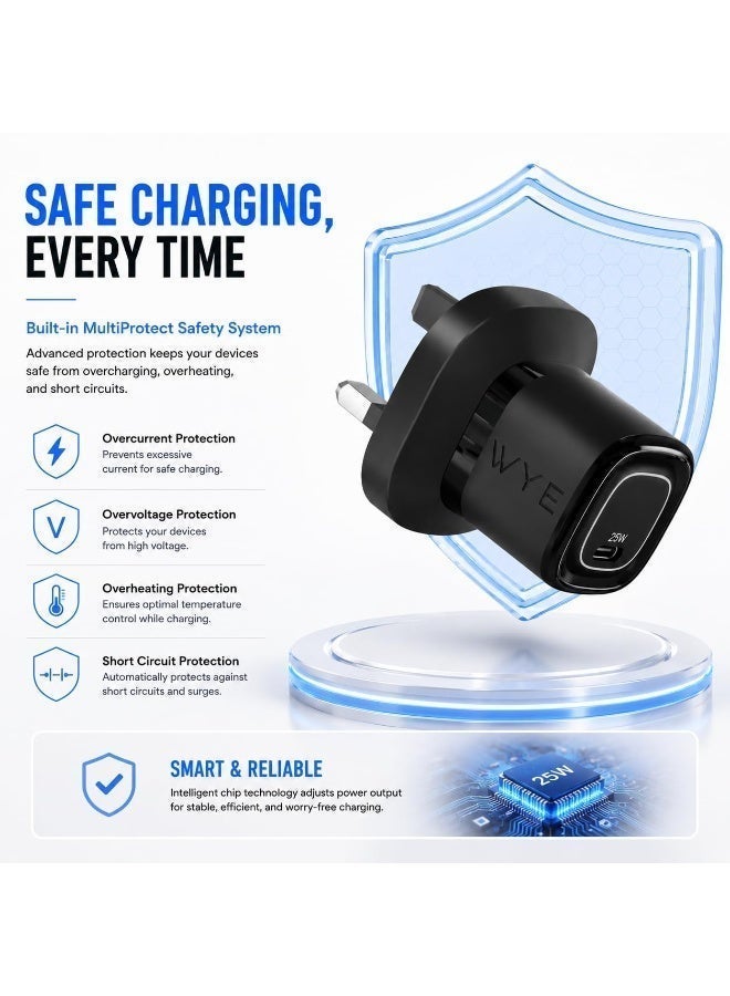 واي شاحن سريع USB-C بقوة 25 واط | محول طاقة بمنفذ واحد | شاحن جداري سريع الشحن | تصميم صغير الحجم | متوافق مع الهواتف الذكية والأجهزة اللوحية | أسود - Image 4