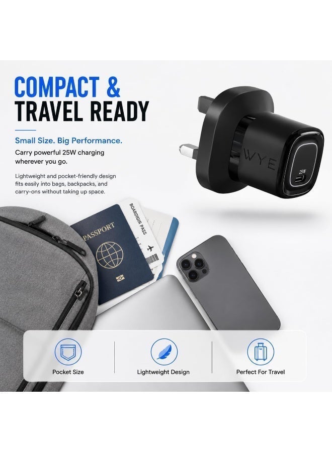 واي شاحن سريع USB-C بقوة 25 واط | محول طاقة بمنفذ واحد | شاحن جداري سريع الشحن | تصميم صغير الحجم | متوافق مع الهواتف الذكية والأجهزة اللوحية | أسود - Image 5
