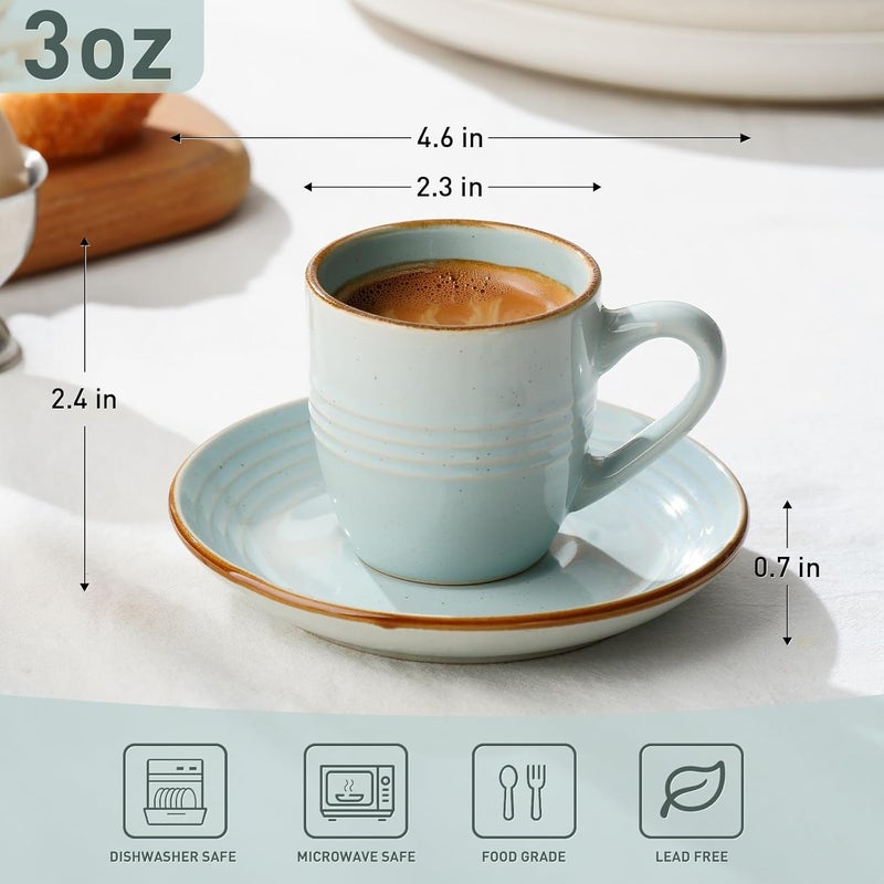 famiware Jupiter Espresso Cups and Saucers Set of 4 - 3 oz Ceramic Small Coffee Mug with Handle, Light Blue - Image 3