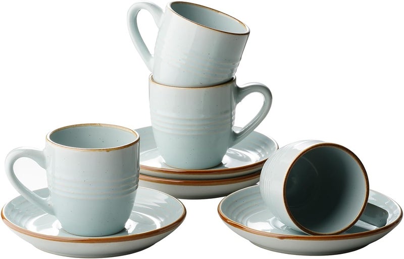 famiware Jupiter Espresso Cups and Saucers Set of 4 - 3 oz Ceramic Small Coffee Mug with Handle, Light Blue - Image 1