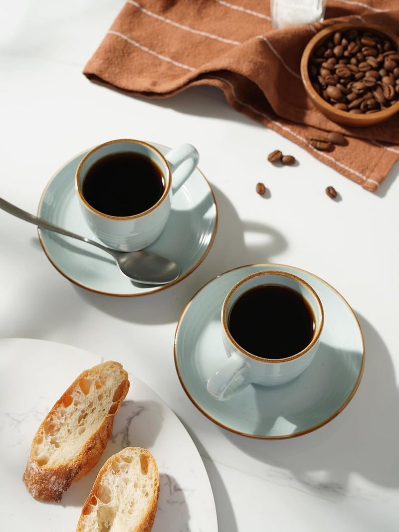 famiware Jupiter Espresso Cups and Saucers Set of 4 - 3 oz Ceramic Small Coffee Mug with Handle, Light Blue - Image 5