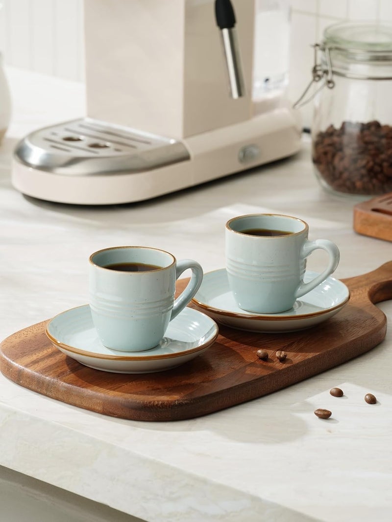 famiware Jupiter Espresso Cups and Saucers Set of 4 - 3 oz Ceramic Small Coffee Mug with Handle, Light Blue - Image 4