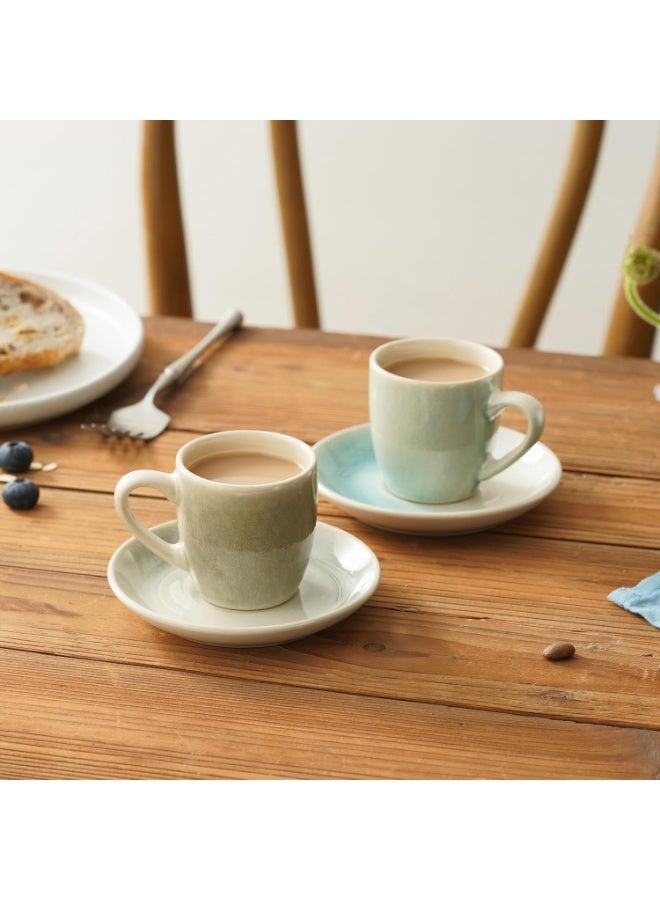 famiware Jupiter Espresso Cups and Saucers Set of 4 - 3 oz Ceramic Small Coffee Mug with Handle, Light Blue - Image 5