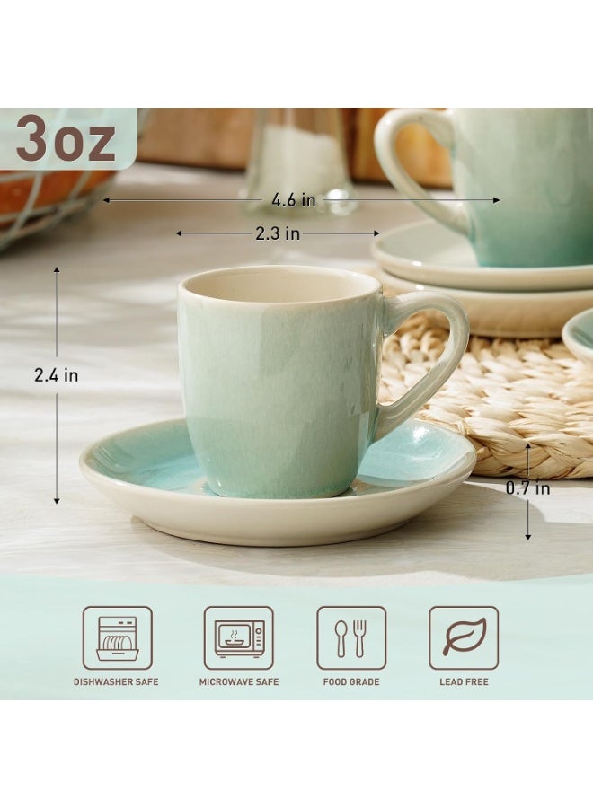famiware Jupiter Espresso Cups and Saucers Set of 4 - 3 oz Ceramic Small Coffee Mug with Handle, Light Blue - Image 3