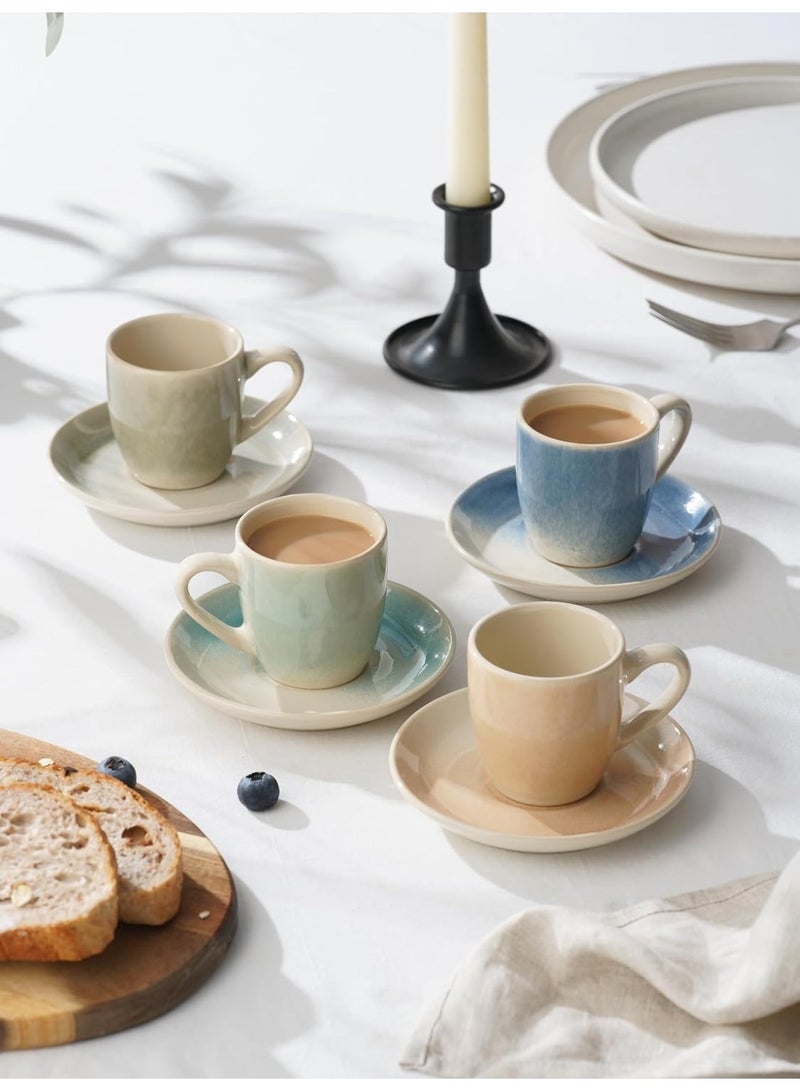 famiware Jupiter Espresso Cups and Saucers Set of 4 - 3 oz Ceramic Small Coffee Mug with Handle, Light Blue - Image 2