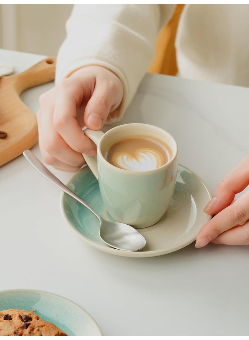 famiware Jupiter Espresso Cups and Saucers Set of 4 - 3 oz Ceramic Small Coffee Mug with Handle, Light Blue - Image 4