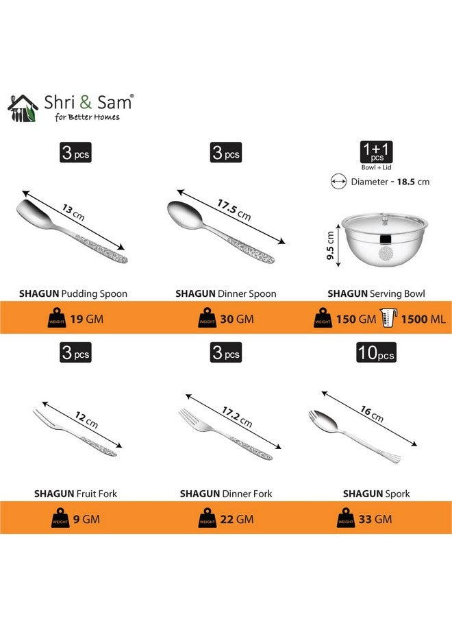 Shri & Sam Designer Stainless Steel SolidShagun Laser Bloom Dinner Set, 45 Pieces - Image 4