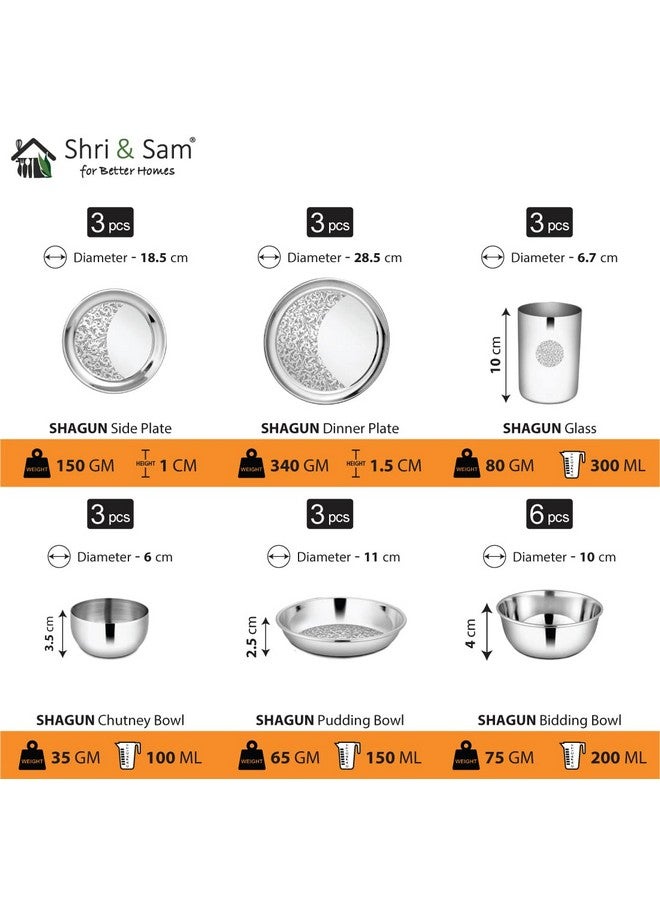 Shri & Sam Designer Stainless Steel SolidShagun Laser Bloom Dinner Set, 45 Pieces - Image 3