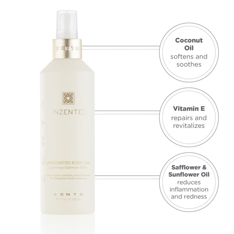 Zents Luminous Cashmere Body Oil (Fragrance-Free) | Moisturizing Body Oil with Vitamin E & Organic Coconut Oil | Softens & Smooths Skin | 8 fl oz - Image 4