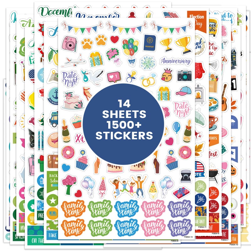 ترسيز ملصقات تخطيط تيرسوس - ملصقات تخطيط الاحتفالات الشهرية، ملصقات سجل القصاصات، 14 ورقة/أكثر من 1100 ملصق في العبوة، ملصقات دفتر يوميات بطابع المهرجانات، ملونة - Image 1