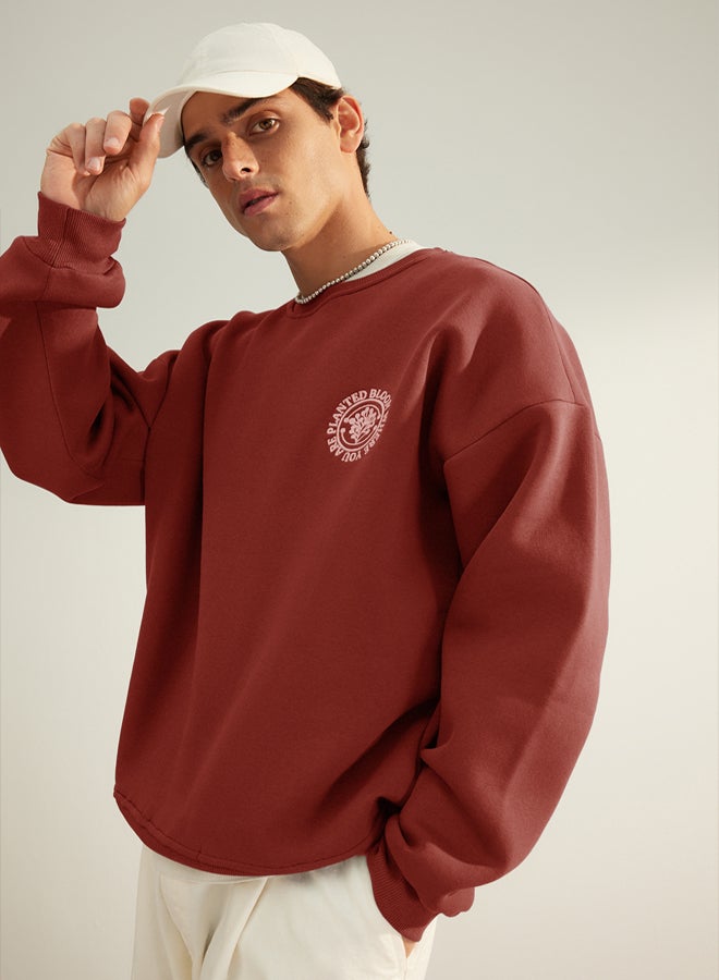 trendyol Brick Oversize/Wide Cut Floral Embroidered Polar Fleece Inside Cotton Sweatshirt - Image 2