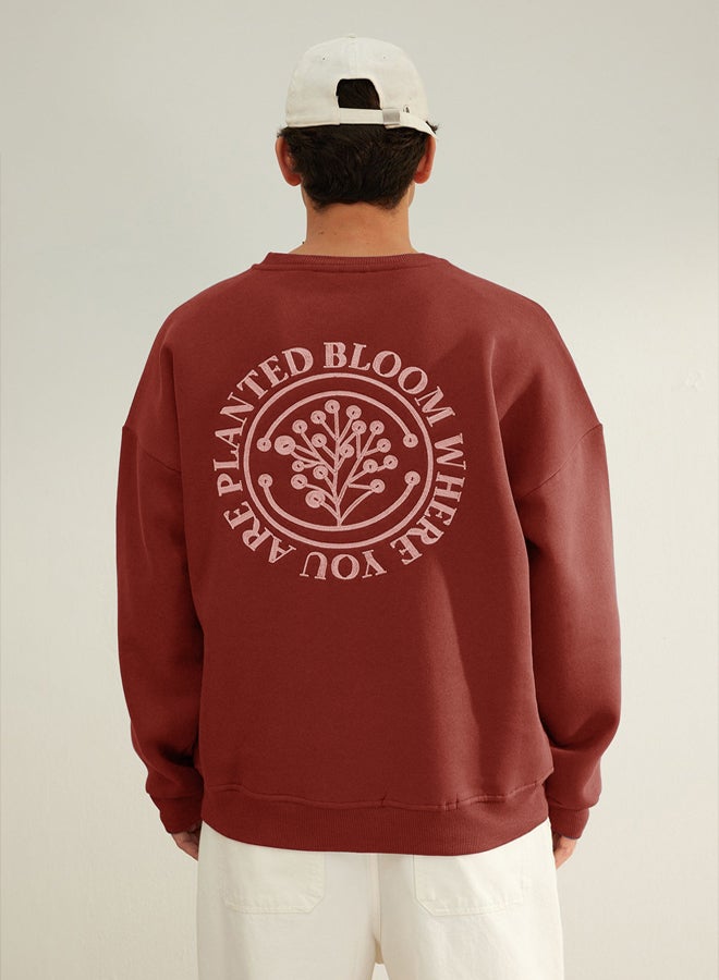 trendyol Brick Oversize/Wide Cut Floral Embroidered Polar Fleece Inside Cotton Sweatshirt - Image 5