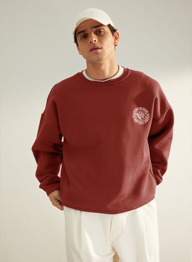 trendyol Brick Oversize/Wide Cut Floral Embroidered Polar Fleece Inside Cotton Sweatshirt - Image 3