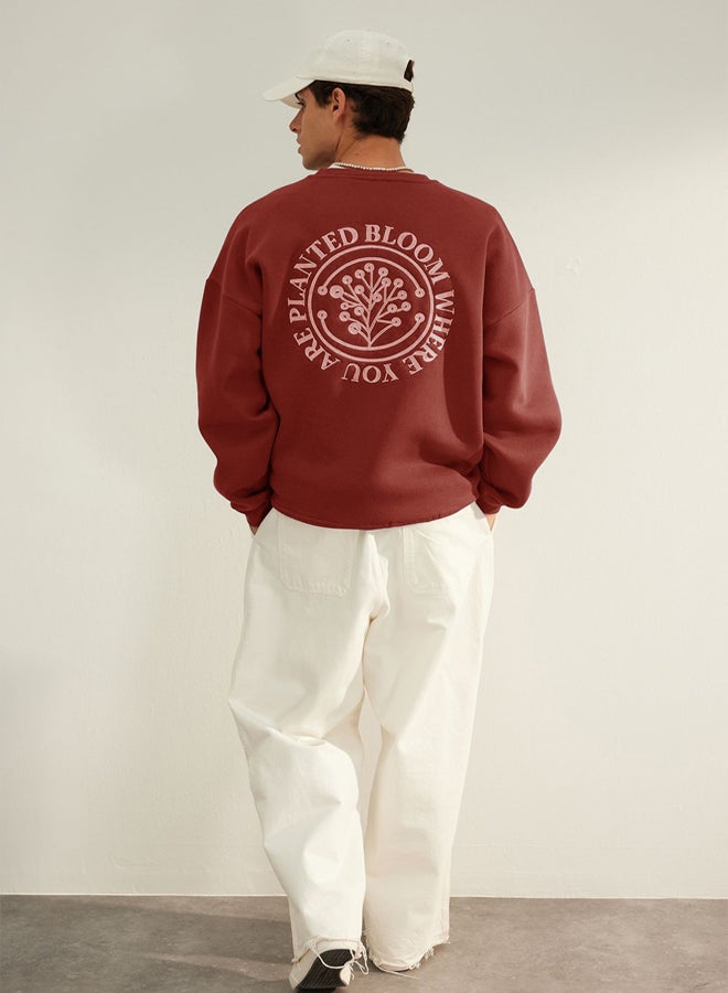 trendyol Brick Oversize/Wide Cut Floral Embroidered Polar Fleece Inside Cotton Sweatshirt - Image 4