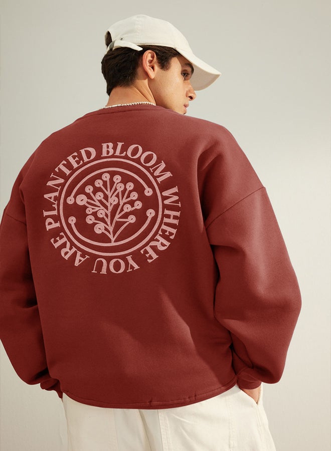 trendyol Brick Oversize/Wide Cut Floral Embroidered Polar Fleece Inside Cotton Sweatshirt - Image 1